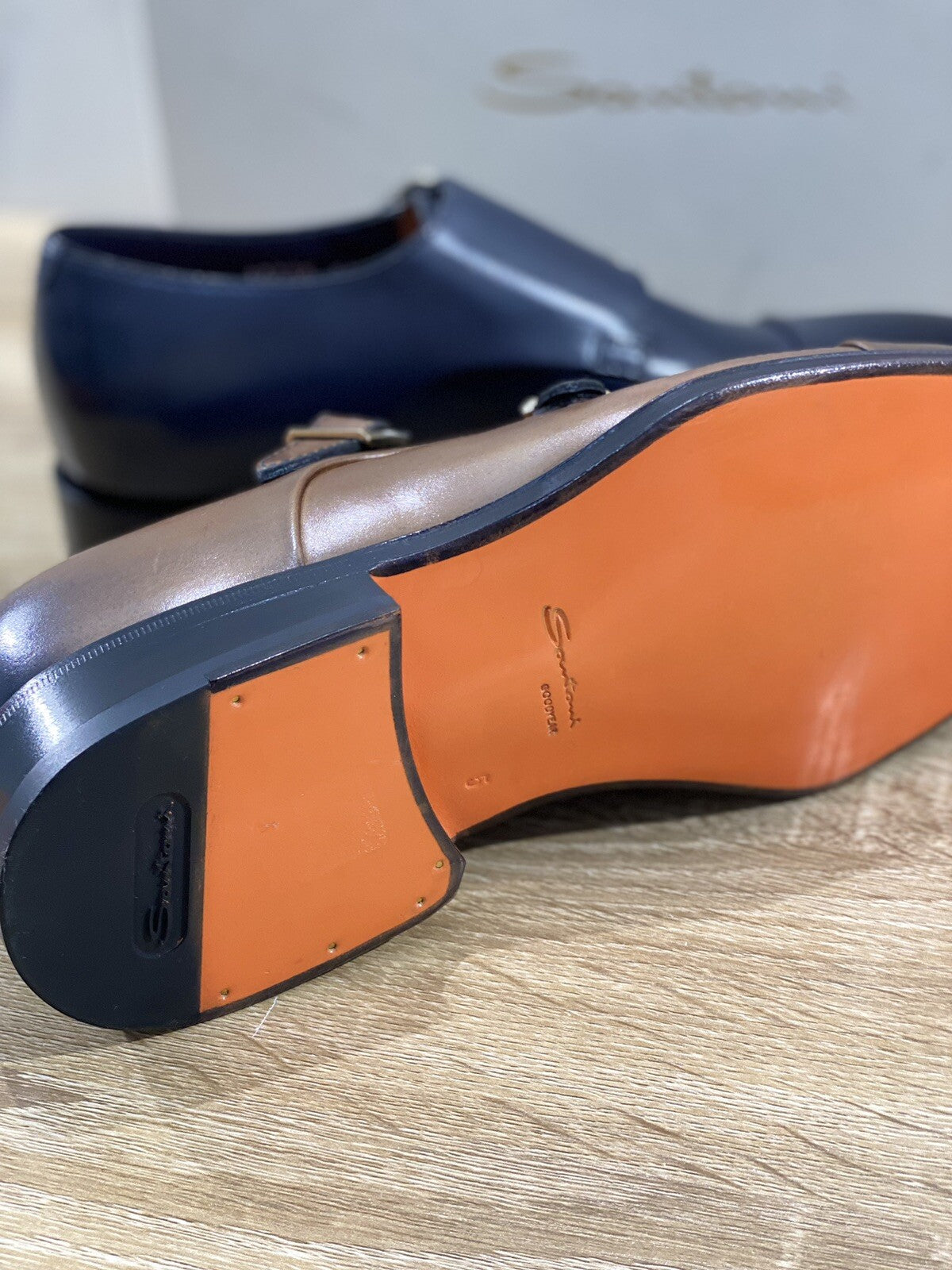 Santoni Doppia Fibbia Uomo In Pelle Blu Bicolor Lux Goodyear Double Buckle 39