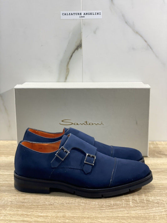 Santoni Doppia Fibbia Uomo Pelle suede Blu Luxury Double Buckle Santoni 40.5