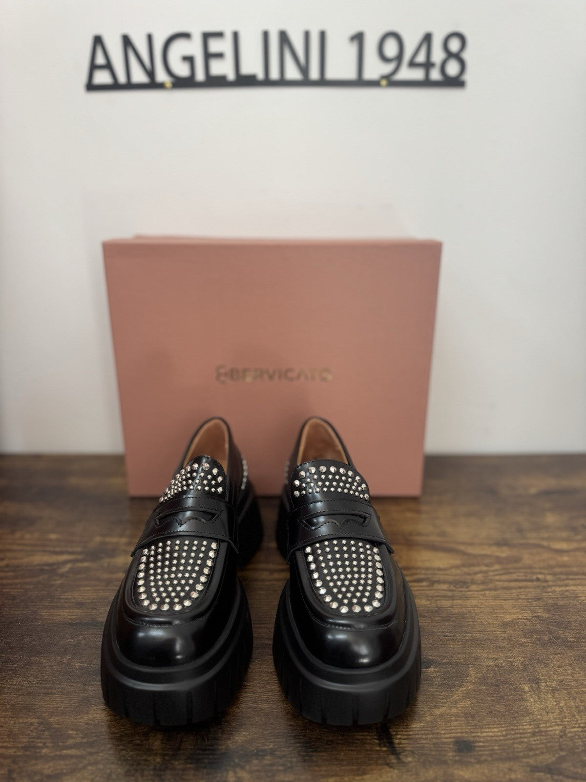 Bervicato Mocassino Pelle Nero Borchie  Zeppa Extra Light Casual Donna 40