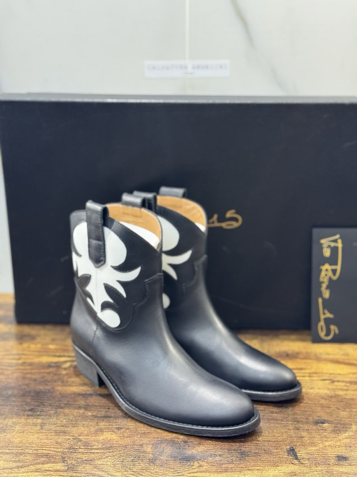 Via Roma 15 Texano Pelle Nero Bianco Casual Texan Boot Donna 37