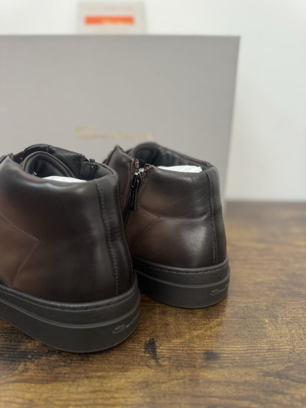 Santoni High Top Sneaker Pelle Super Soft Marrone Casual Luxury Uomo 44.5