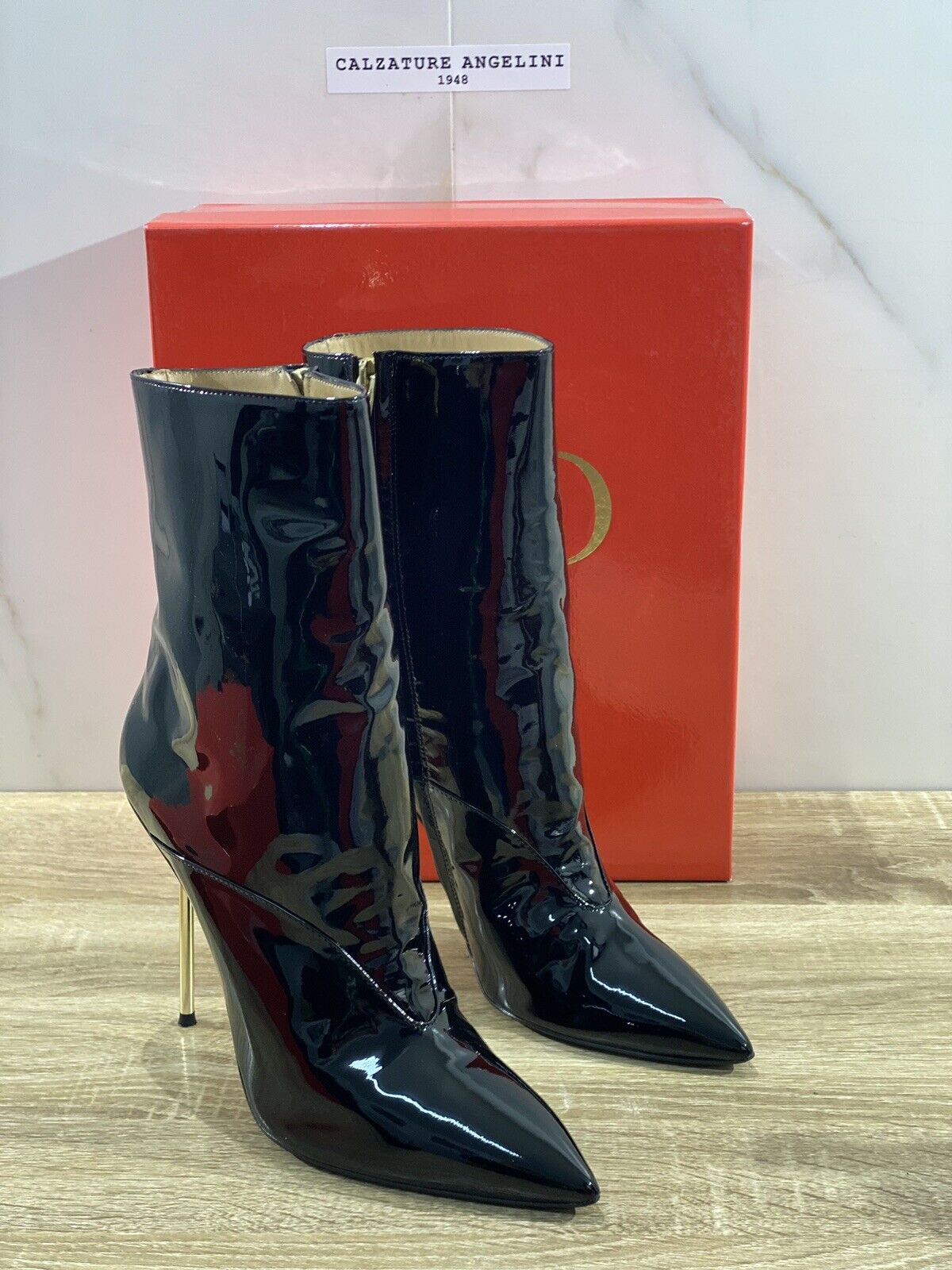 WO Milano tronchetto donna vernice nero casual boot tacco gold luxury 40