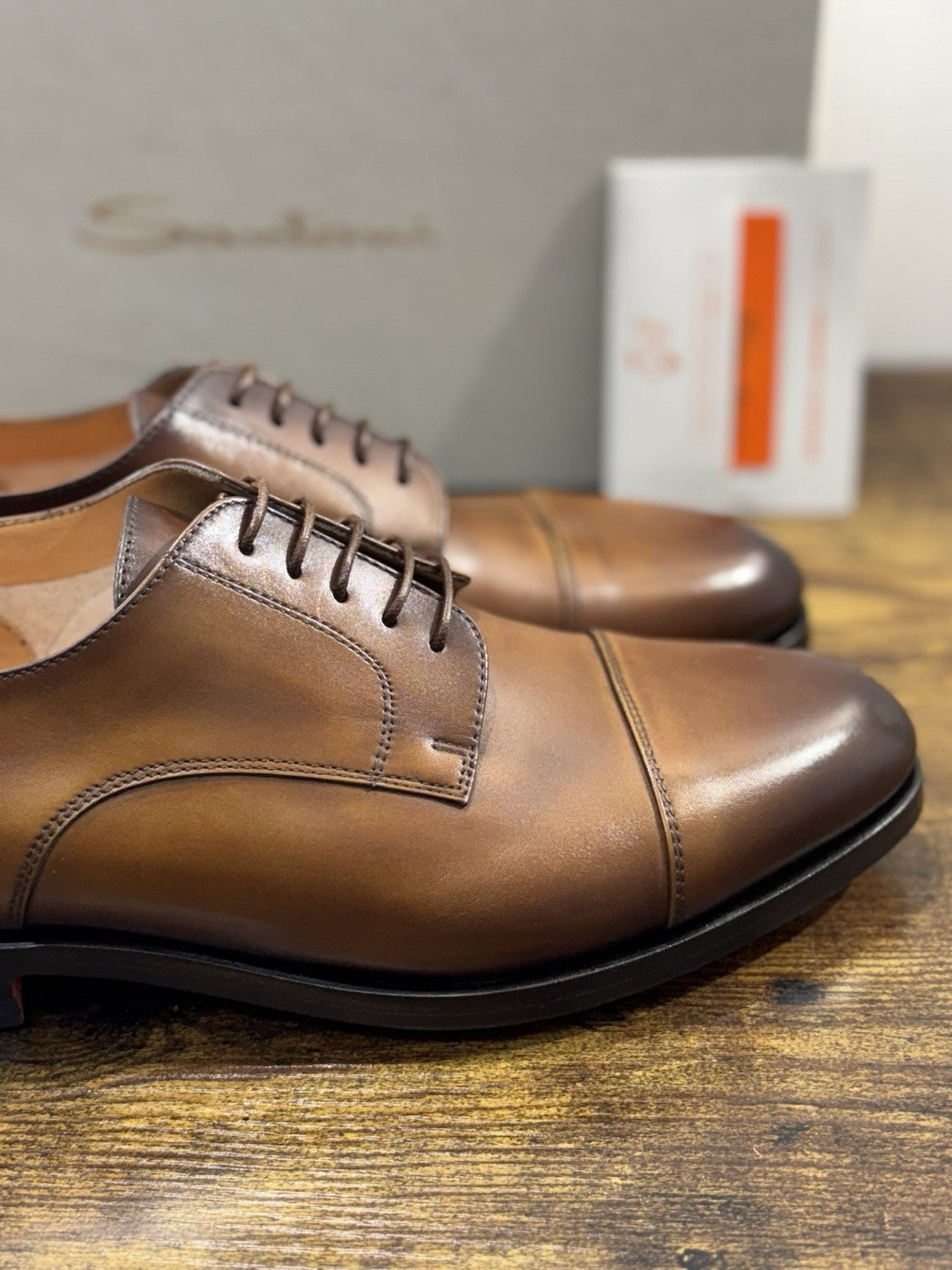 Santoni Stringata Pelle Cuoio Goodyear  Luxury Men Shoes Santoni Uomo 41.5