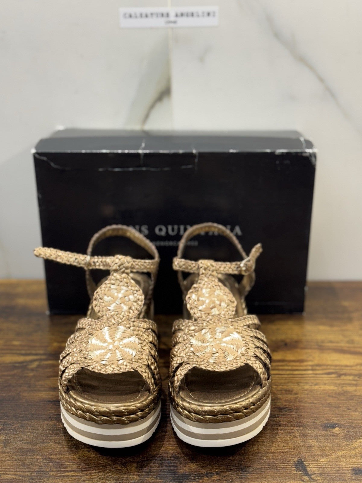 Pons Quintana Sandalo Donna   Pelle Bronzo Handmade Con Zeppa 41