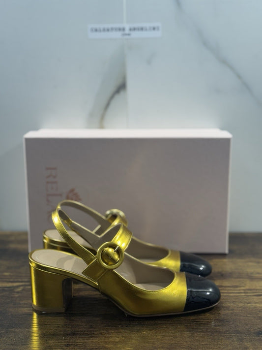 Relac  Décolleté   Sling Back Pelle Oro Nero   Luxury Made In Italy Donna 37