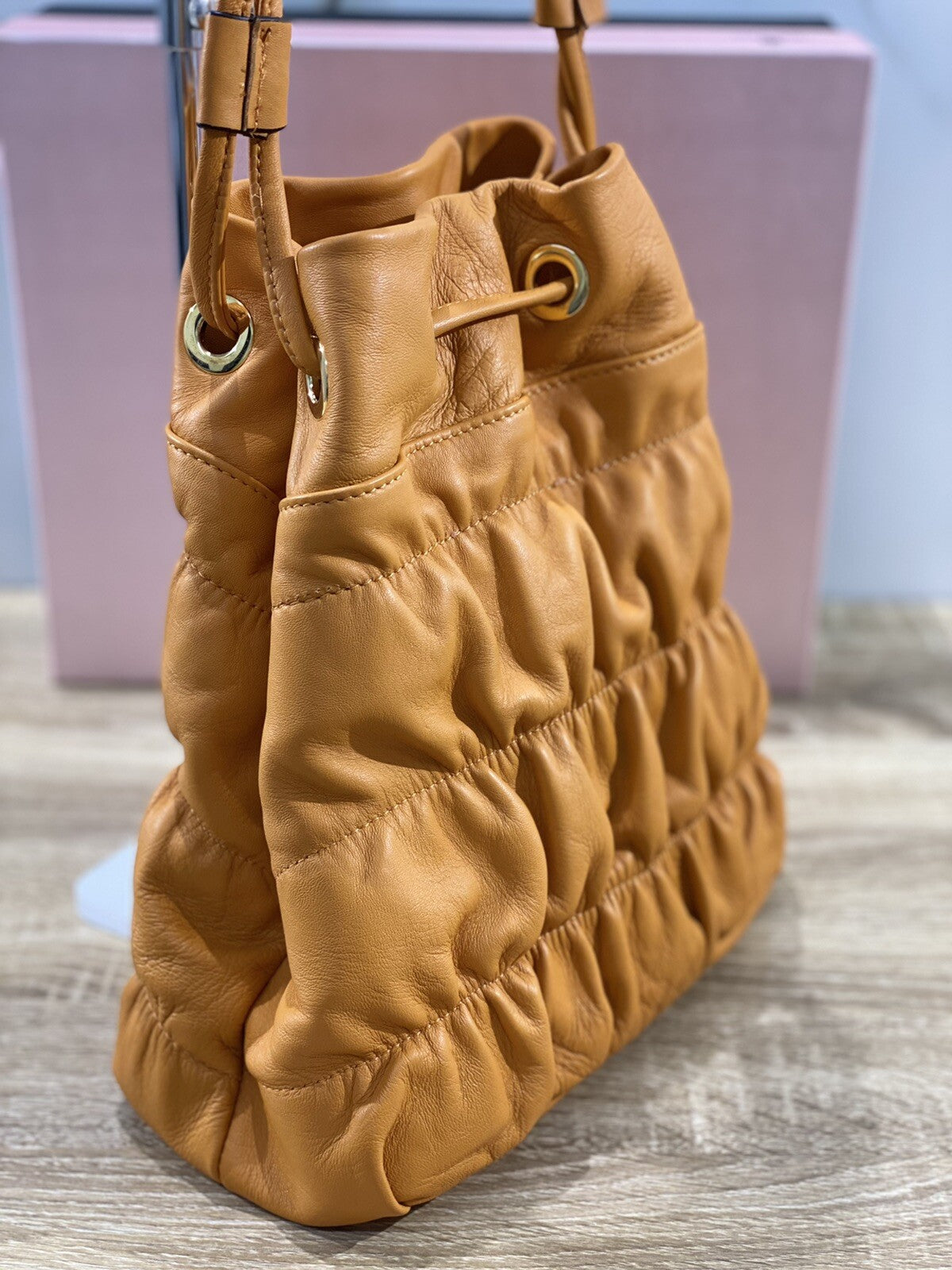 L’arianna Borsa donna in pelle Gialla Plisse  secchiello made in italy pelle