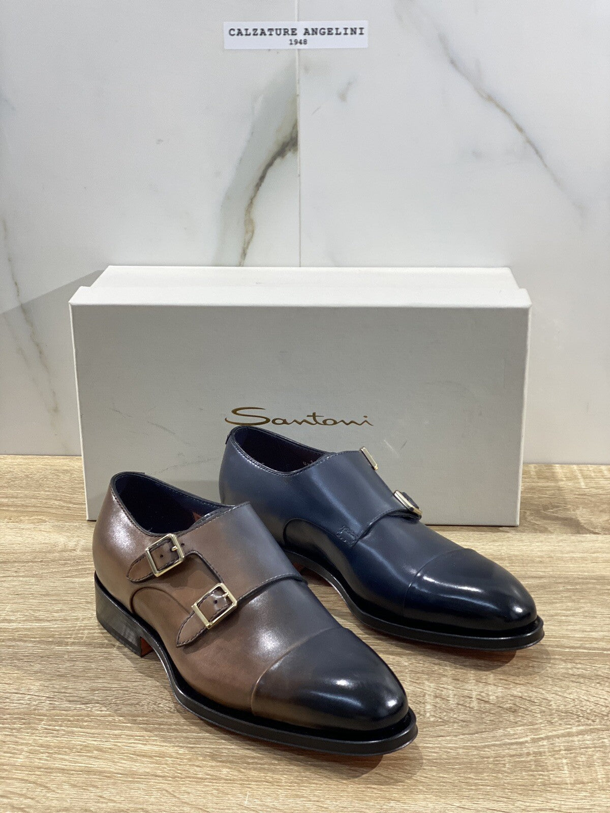 Santoni Doppia Fibbia Uomo In Pelle Blu Bicolor Lux Goodyear Double Buckle 39