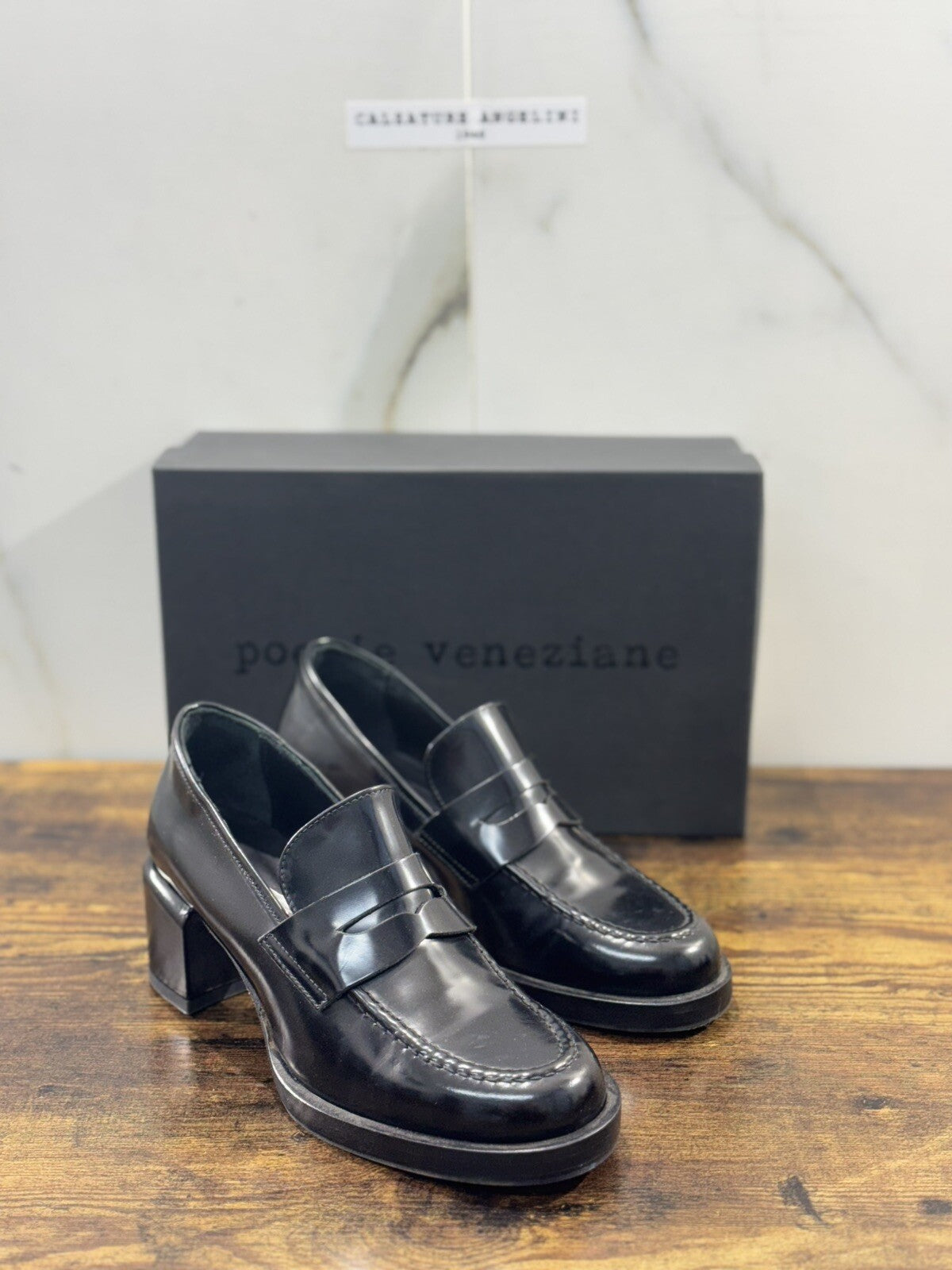 Poesie Veneziane Mocassino Donna Pelle Nera Con Tacco   Casual Loafer 41