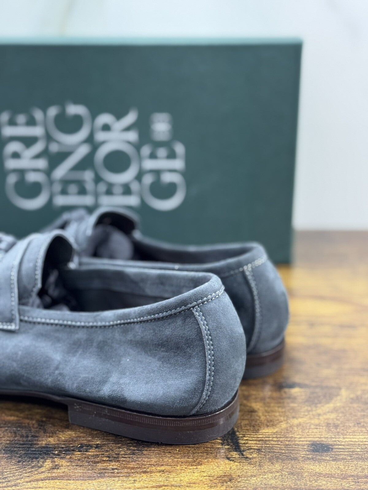 Green George Scarpa Uomo Mocassino Nappe    Pelle Suede Blu   Luxury Handmade 44