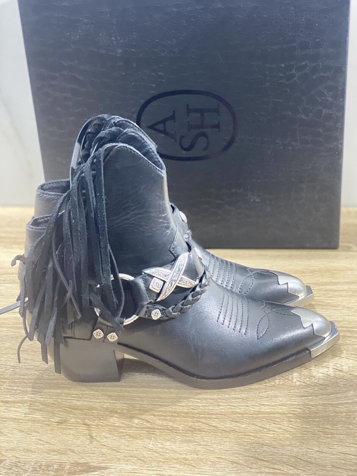 Ash texano Donna freak pelle nera frange casual boot 37