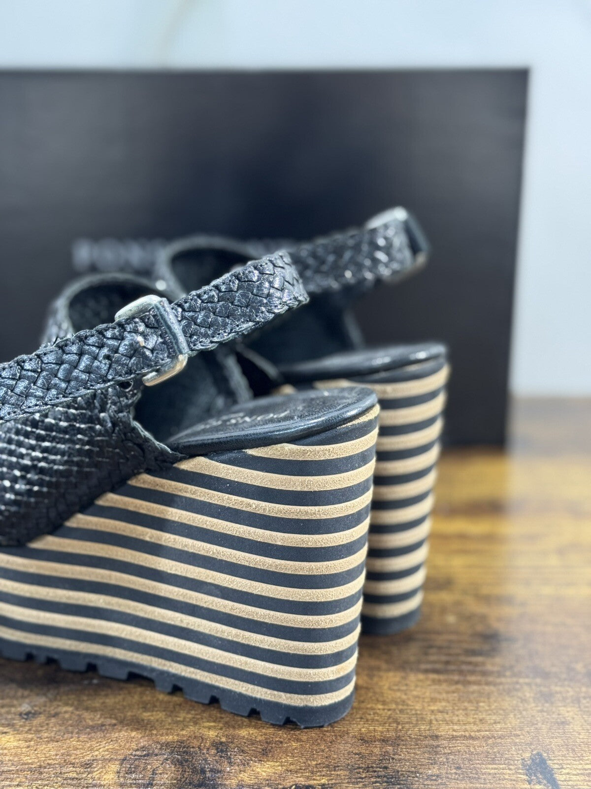 Pons Quintana Sandalo Donna     Pelle Nero  Handmade Con Zeppa   36