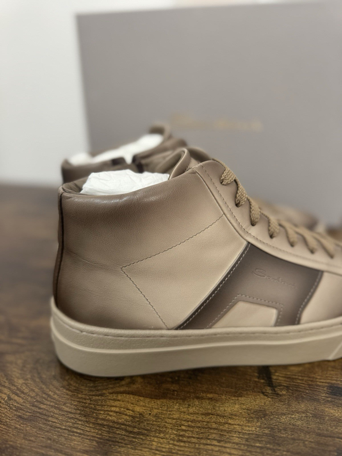 Santoni High Top Sneaker Pelle Super Soft Beige Casual Luxury Uomo 41.5