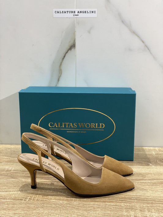 Calitas Scarpa Donna Slingback Kitten In Suede Camel  Fondo Cuoio 38