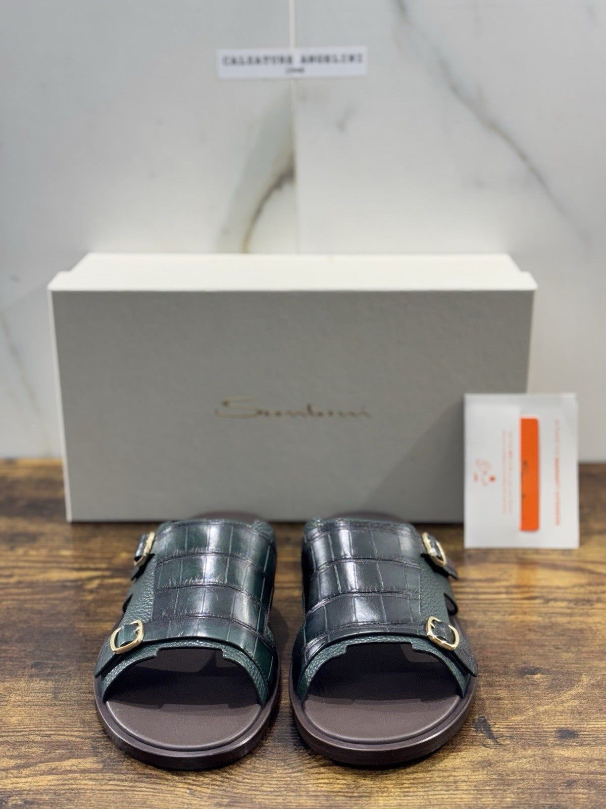 Santoni Sandalo Doppia Fibbia  Pelle Verde  Luxury Santoni Sandali Uomo 46