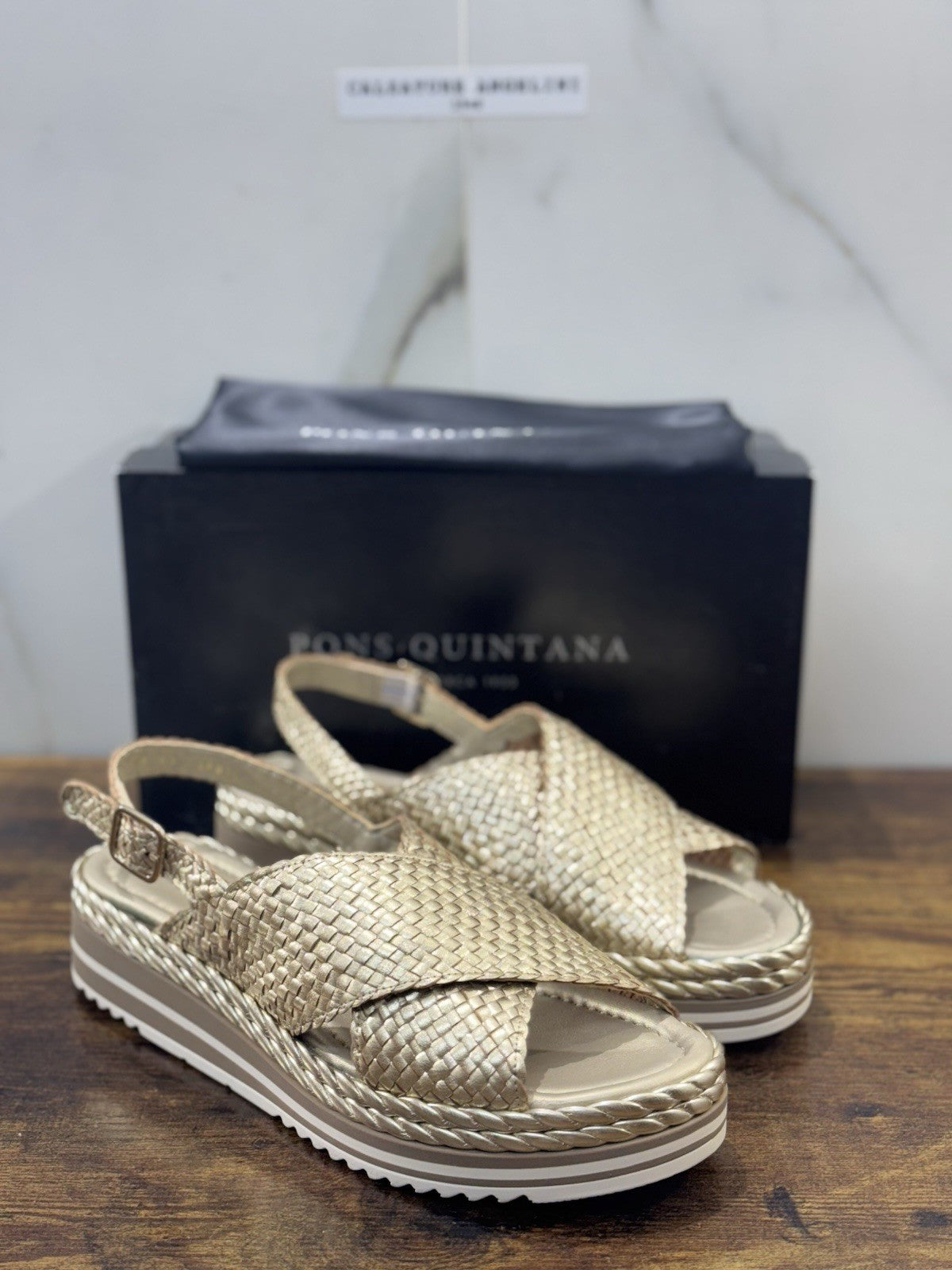 Pons Quintana Sandalo Milan Donna   Pelle Platino    Handmade Con Zeppa 41