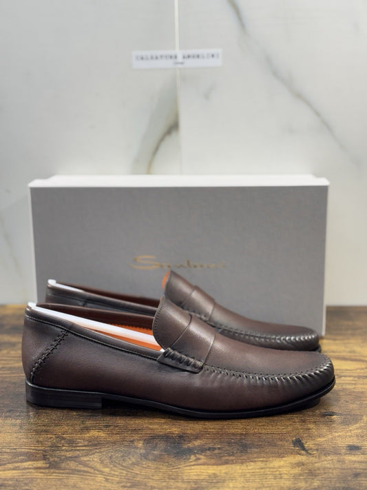 Santoni Mocassino  Flex Pelle Marrone Luxury Santoni Scarpa Uomo 45