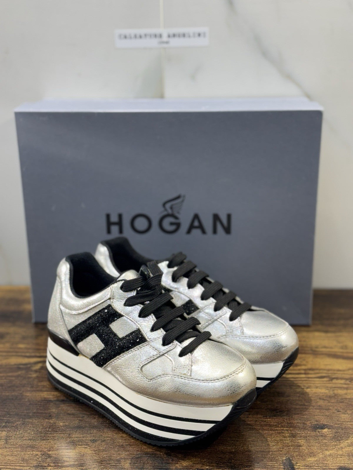 Hogan H283 Sneaker Zeppa Pelle Argento  Casual Hogan Donna 36