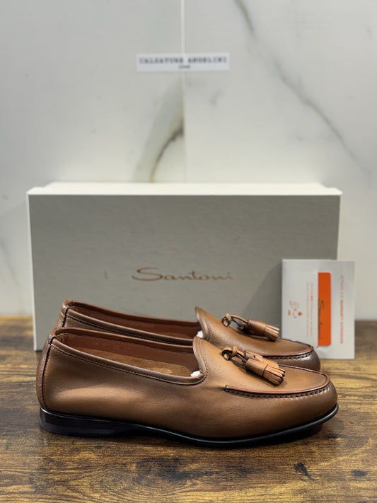 Santoni Mocassino Nappine Pelle Cuoio  Luxury Men Shoes Goodyear  Uomo 40.5