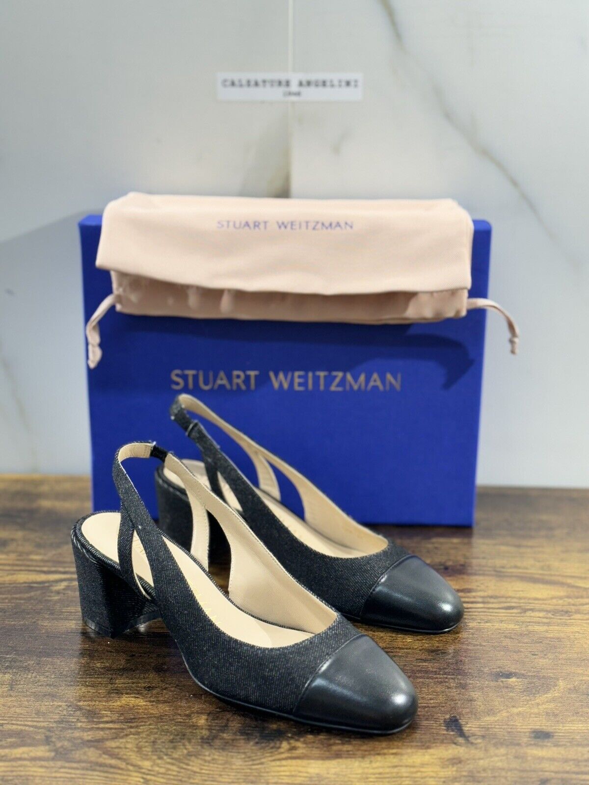 stuart weitzman Sleek 50 Sling Back  Nera Pelle E Denim   Luxury Woman Shoes  40