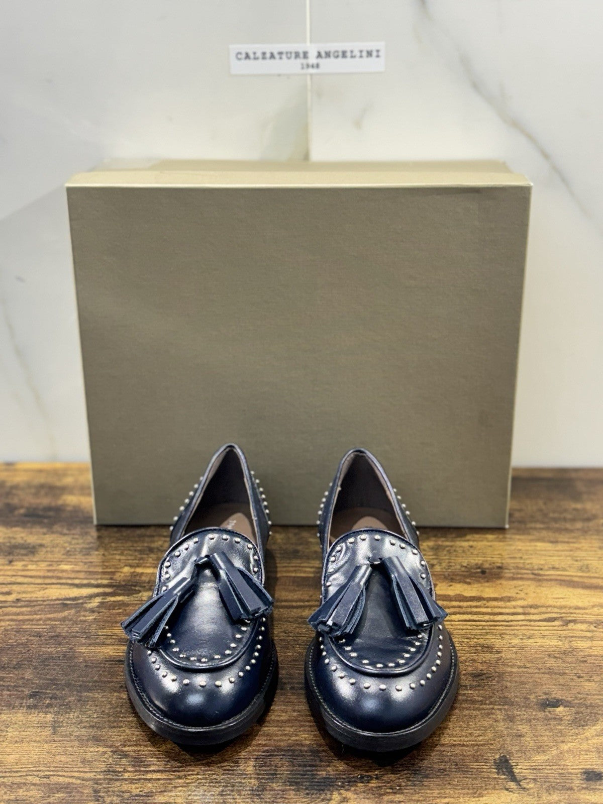 Duccio Del Duca Mocassino   Pelle Blu Borchie    Made In Italy Donna 40