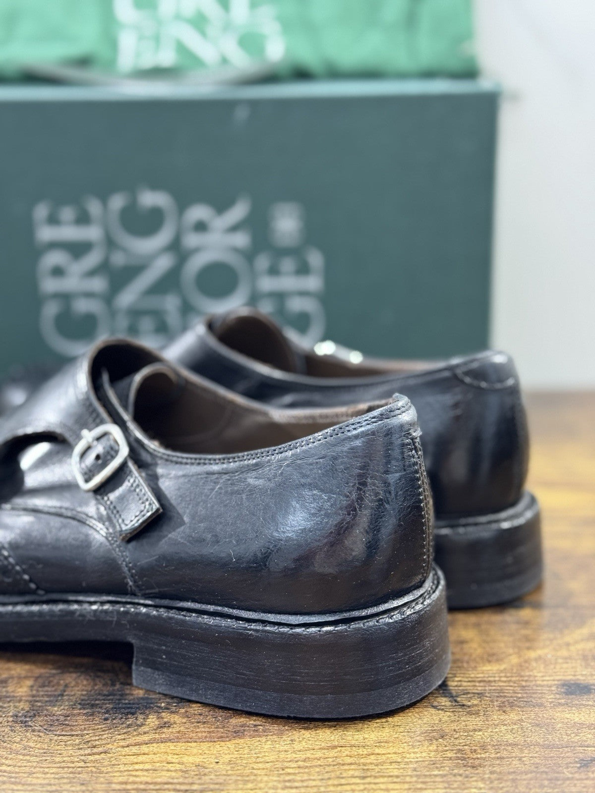 Green George Scarpa Uomo Doppia Fibbia Pelle Nero Washed Luxury Handmade 42