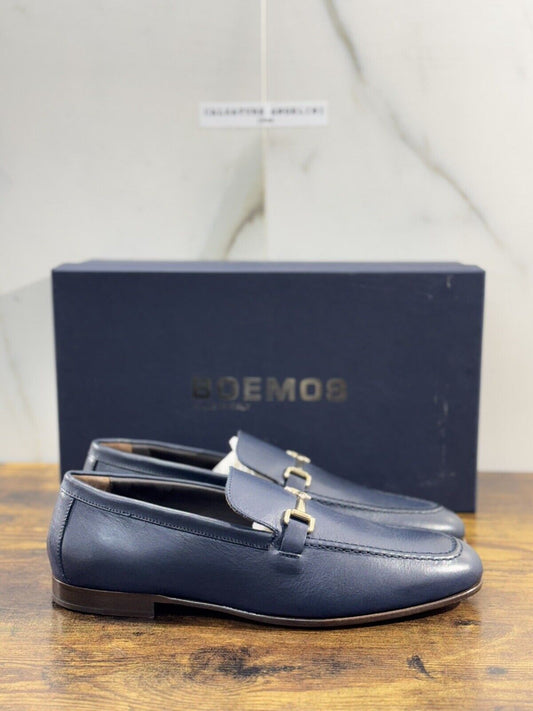 Boemos Mocassino Uomo Fondo  Cuoio Cucito  Pelle Blu        Made In Italy 42