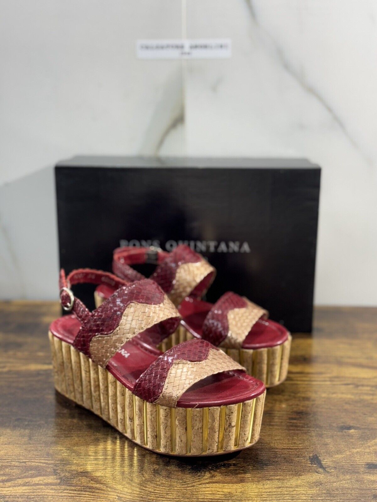 Pons Quintana Sandalo Donna     Pelle Bordo’   Handmade Con Zeppa   36