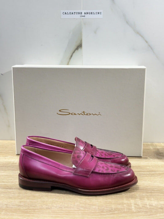 Santoni Mocassino Donna Pelle Fuxia Leopard Casual Loafer Santoni Woman 37