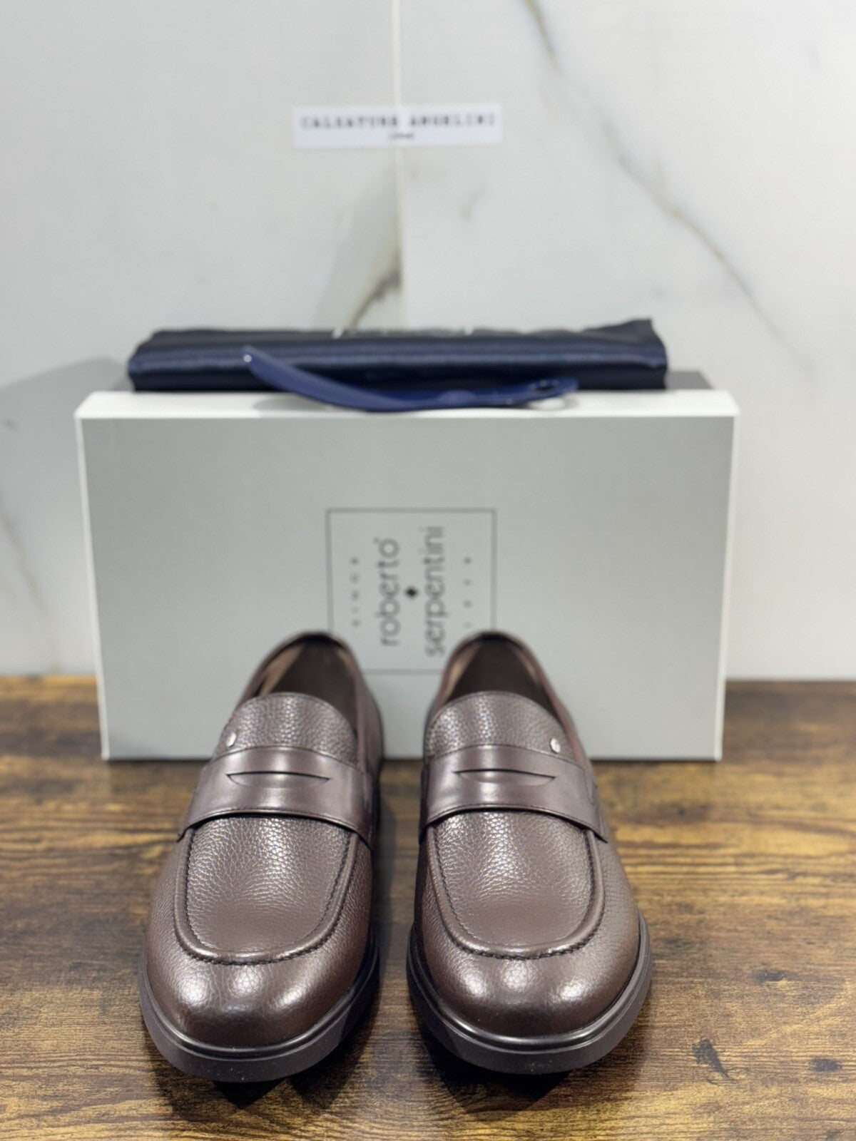 Roberto Serpentini Scarpa Uomo Mocassino Pelle Marrone  Luxury Handmade 42