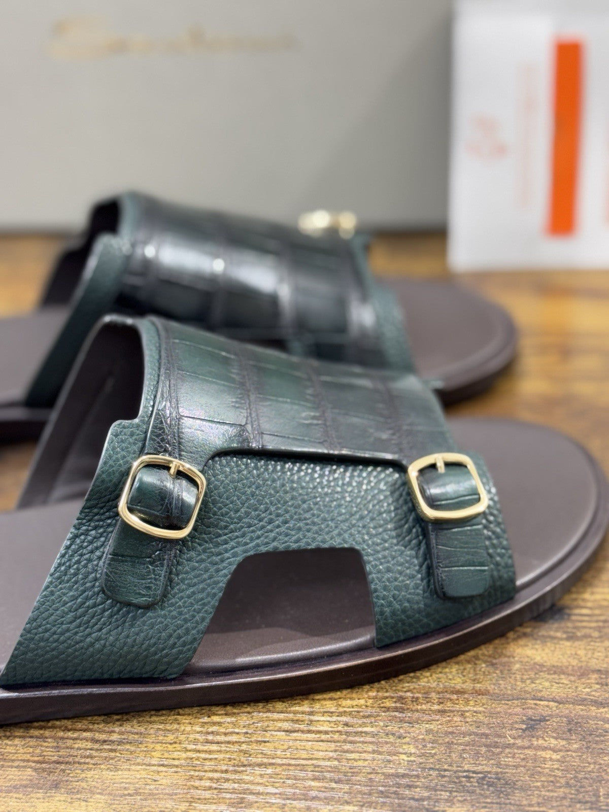 Santoni Sandalo Doppia Fibbia  Pelle Verde  Luxury Santoni Sandali Uomo 46