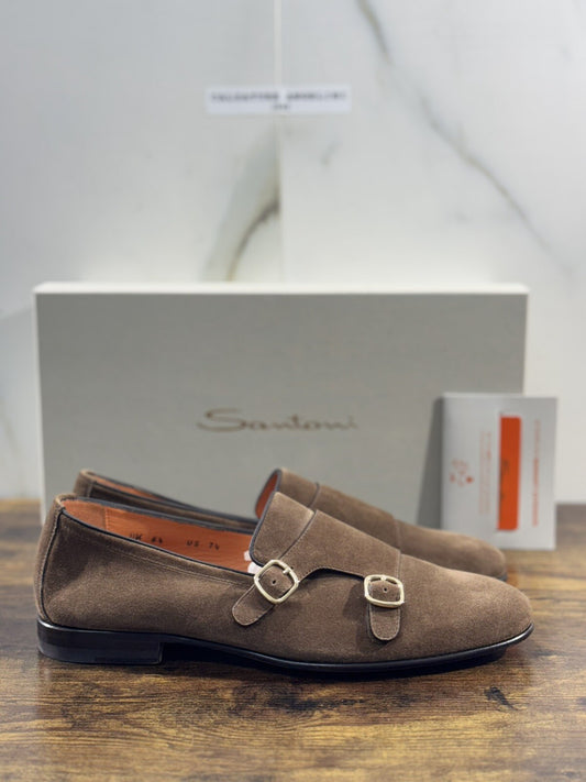 Santoni Scarpa Uomo Mocassino  Suede Doppia Fibbia  Luxury Men Santoni Shoes 6.5