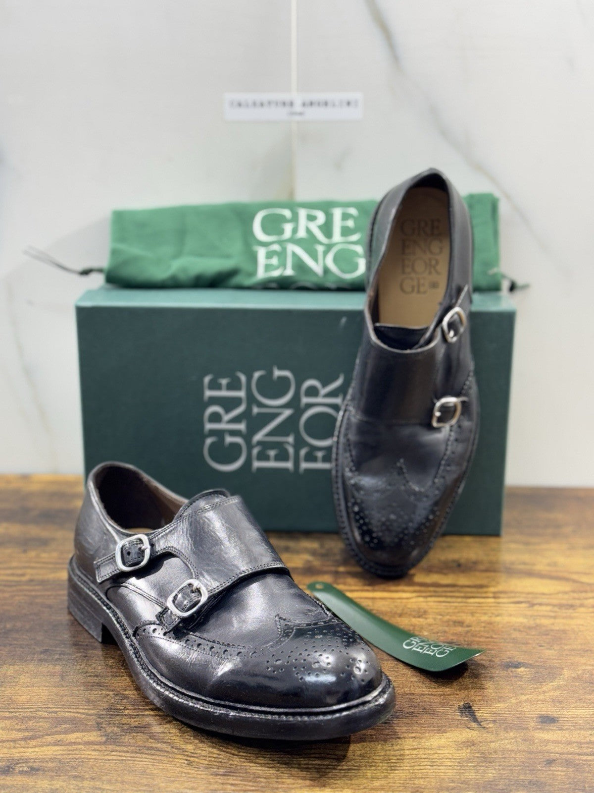 Green George Scarpa Uomo Doppia Fibbia Pelle Nero Washed Luxury Handmade 42