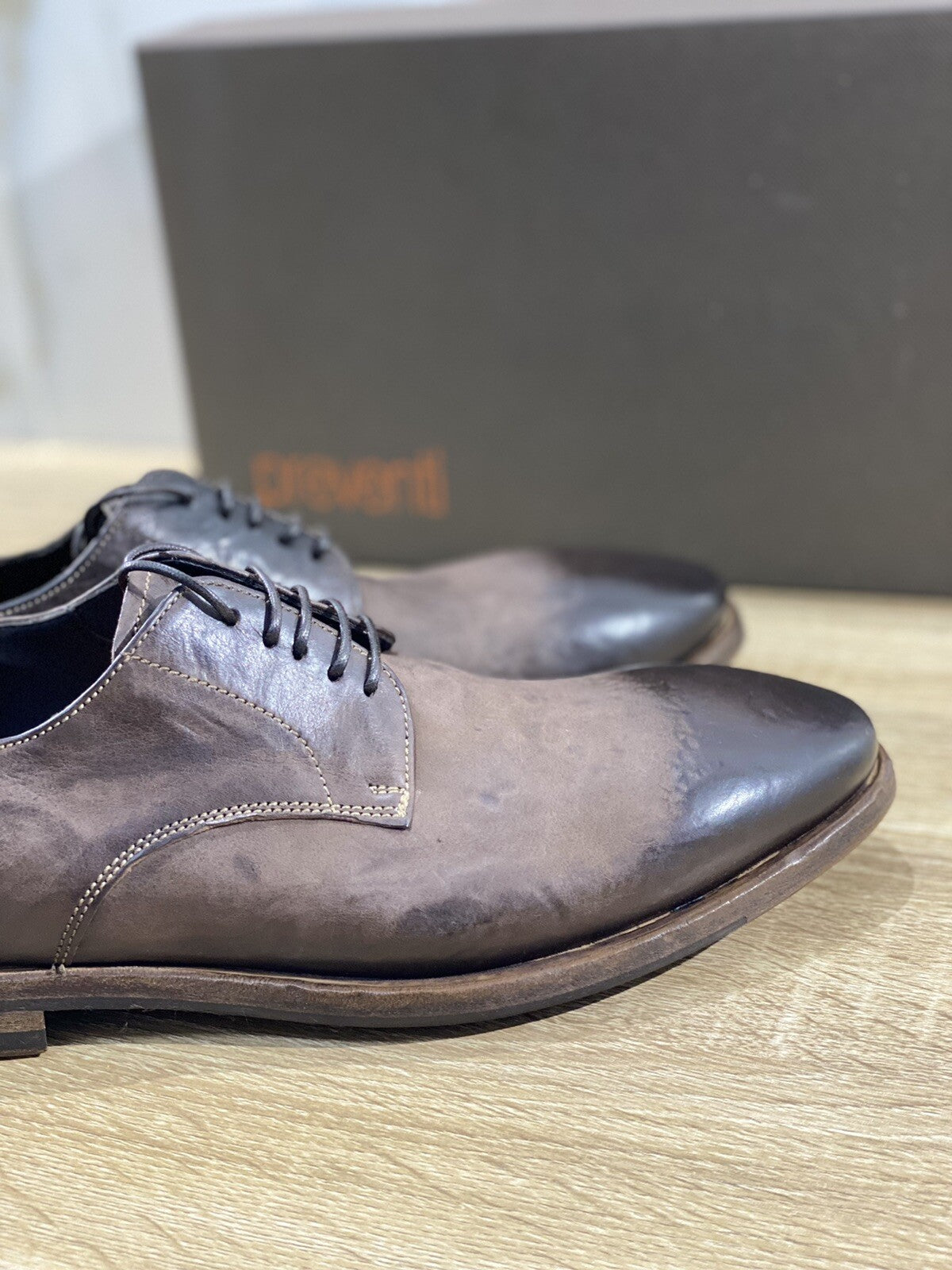 Preventi Scarpa Uomo Derby Vintage Pelle Testa Di Moro Handmade Shoe 44