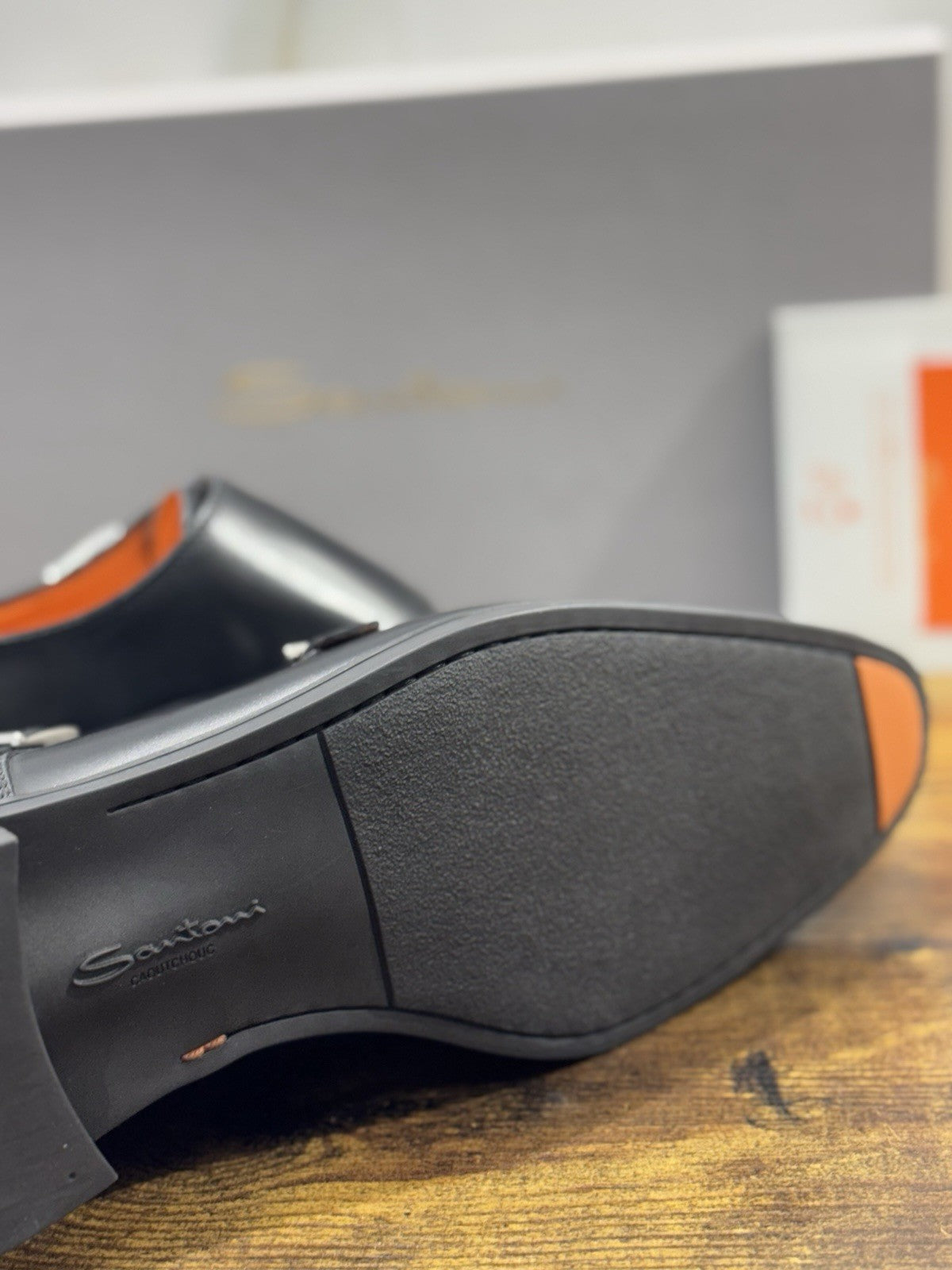 Santoni Doppia Fibbia Pelle Nero Fondo Gomma     Luxury Santoni Scarpa Uomo 43.5