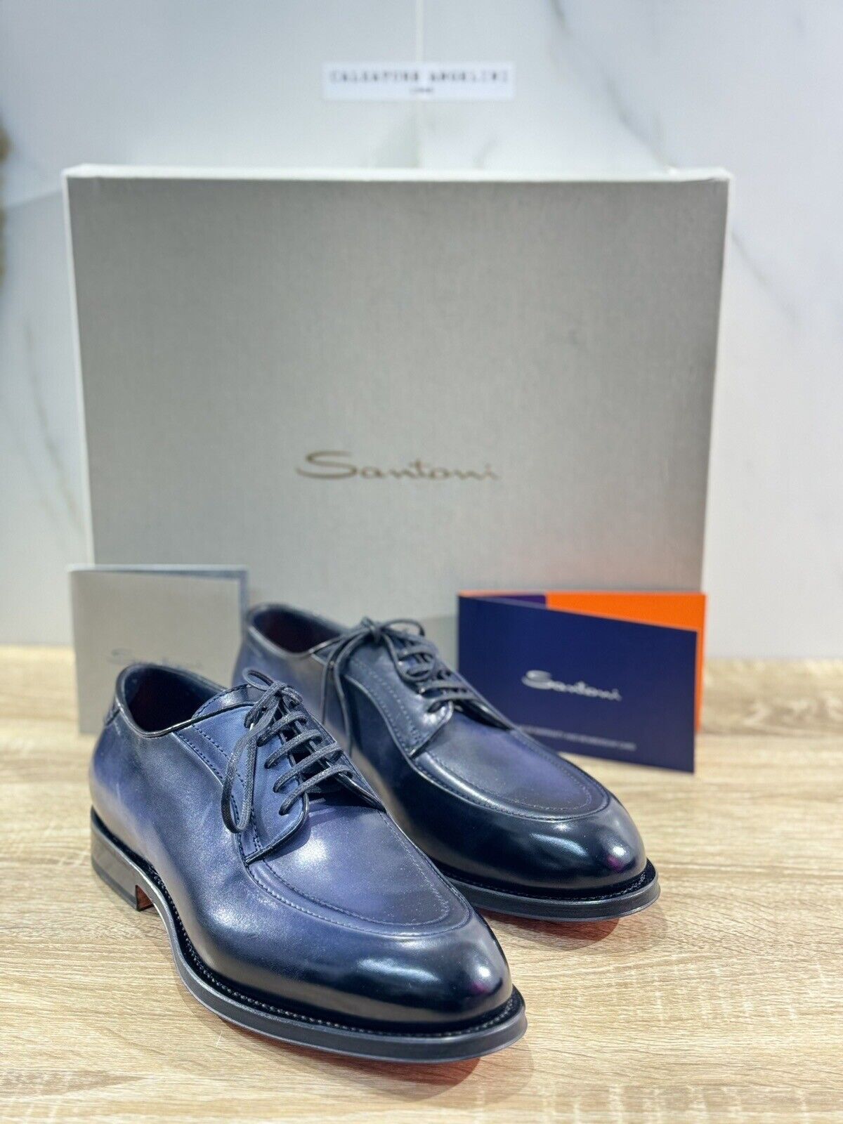 Santoni Stringata Derby  Uomo Icon Pelle Blu   Goodyear Luxury Men 40.5