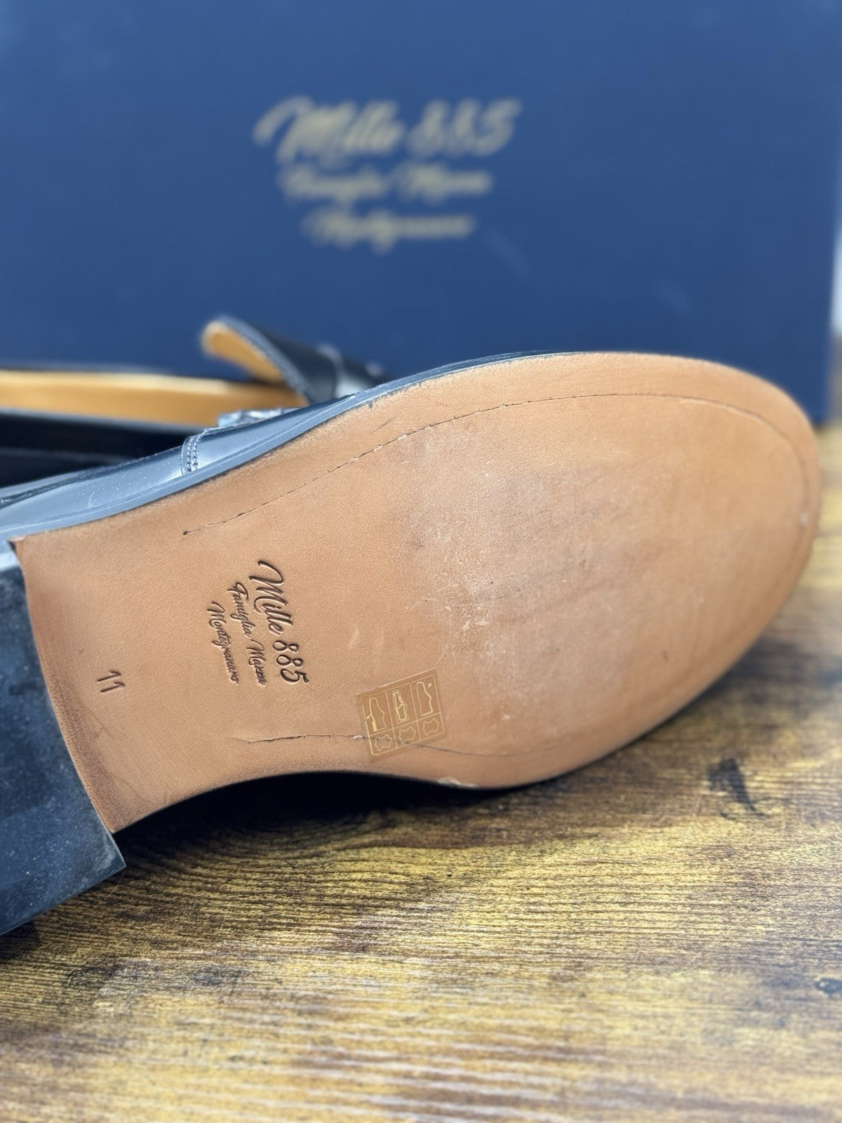 Mille 885 Mocassino Pelle Nera Fondo Cuoio  Fatto A Mano In Italia Uomo 45