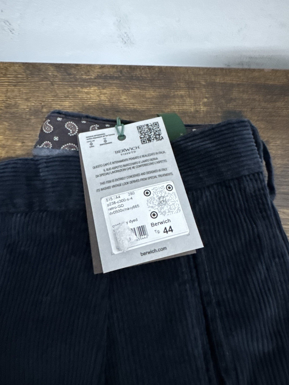 Berwich Pantalone Retro Velluto Blu Uomo 44