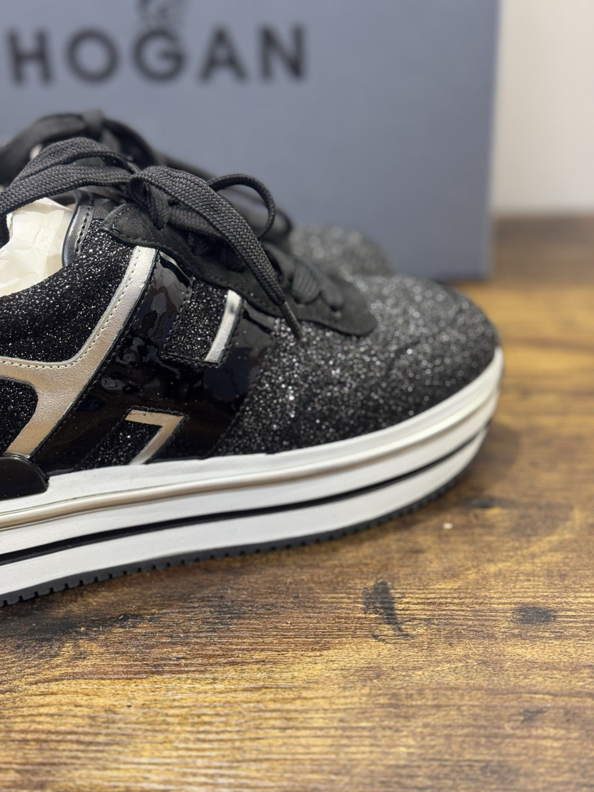 Hogan H468  Sneaker Pelle Nera Glitter  Casual Hogan Donna 35