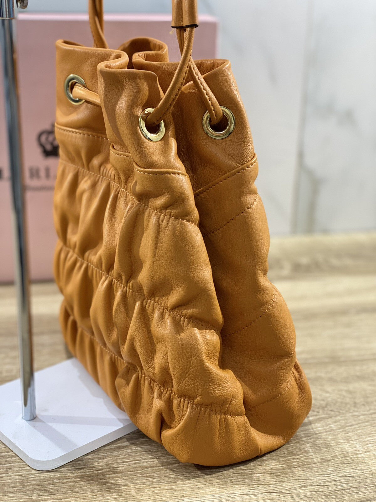 L’arianna Borsa donna in pelle Gialla Plisse  secchiello made in italy pelle