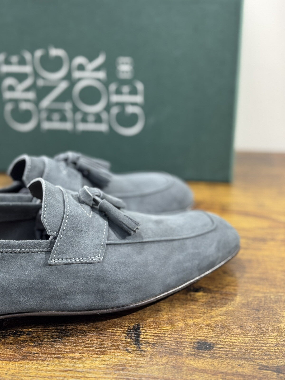 Green George Scarpa Uomo Mocassino Nappe    Pelle Suede Blu   Luxury Handmade 44