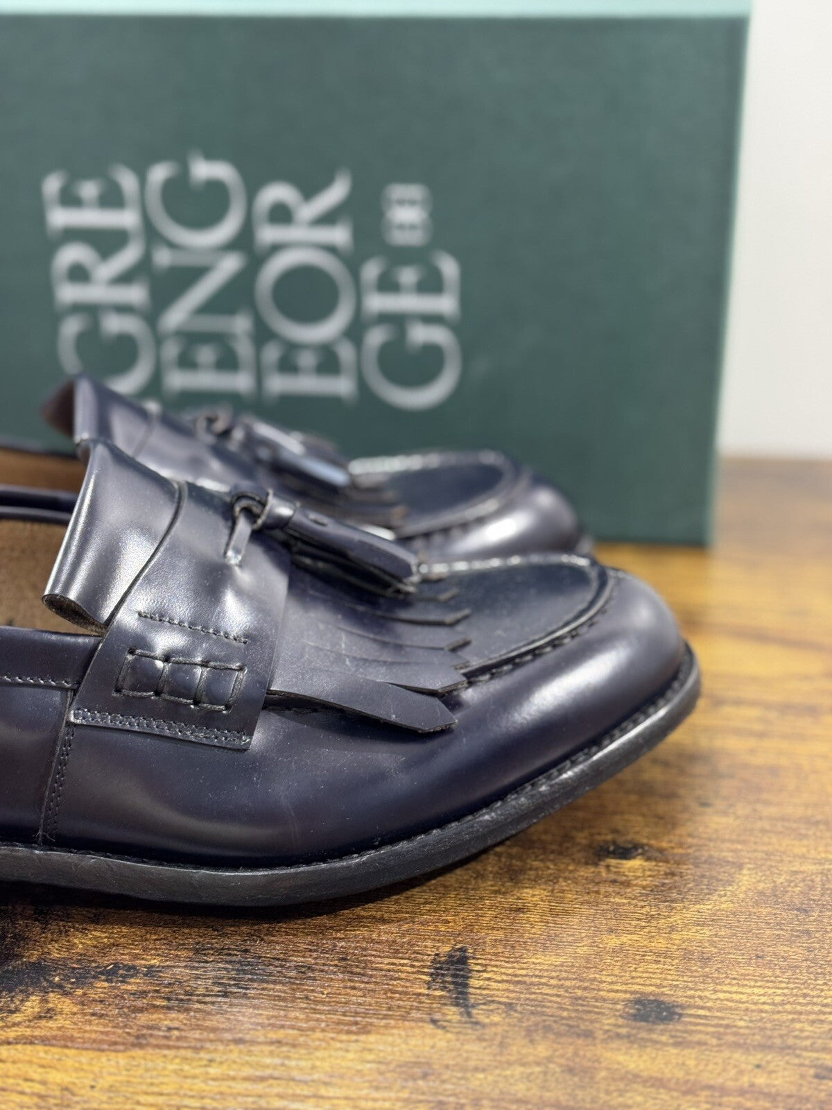 Green George Scarpa Uomo Mocassino  Nappine Pelle Blu    Luxury Handmade 42