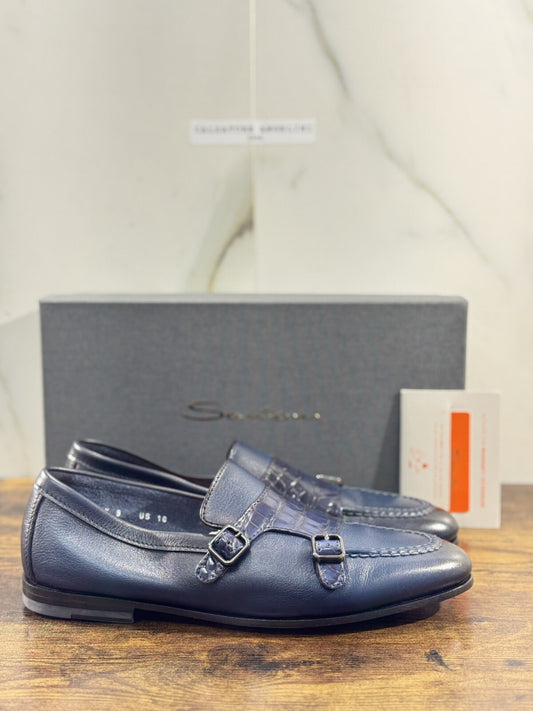 Santoni Scarpa Uomo Limited Edition Alligatore Double Buckle Goodyear Blu 43
