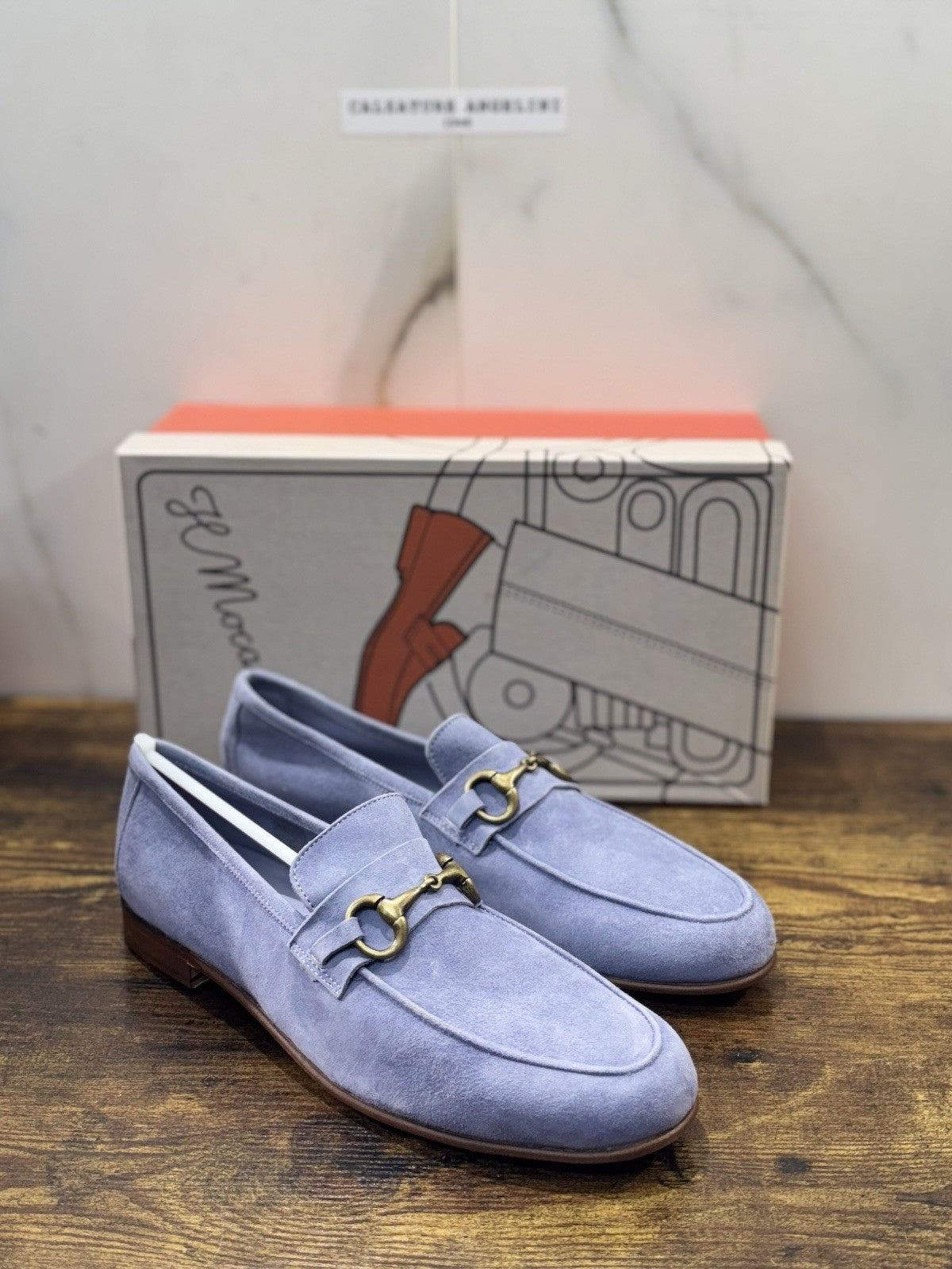 Il Mocassino Tasca Scarpa Suede Light Blu 100% Fatta In Italia Mocassino Uomo 44