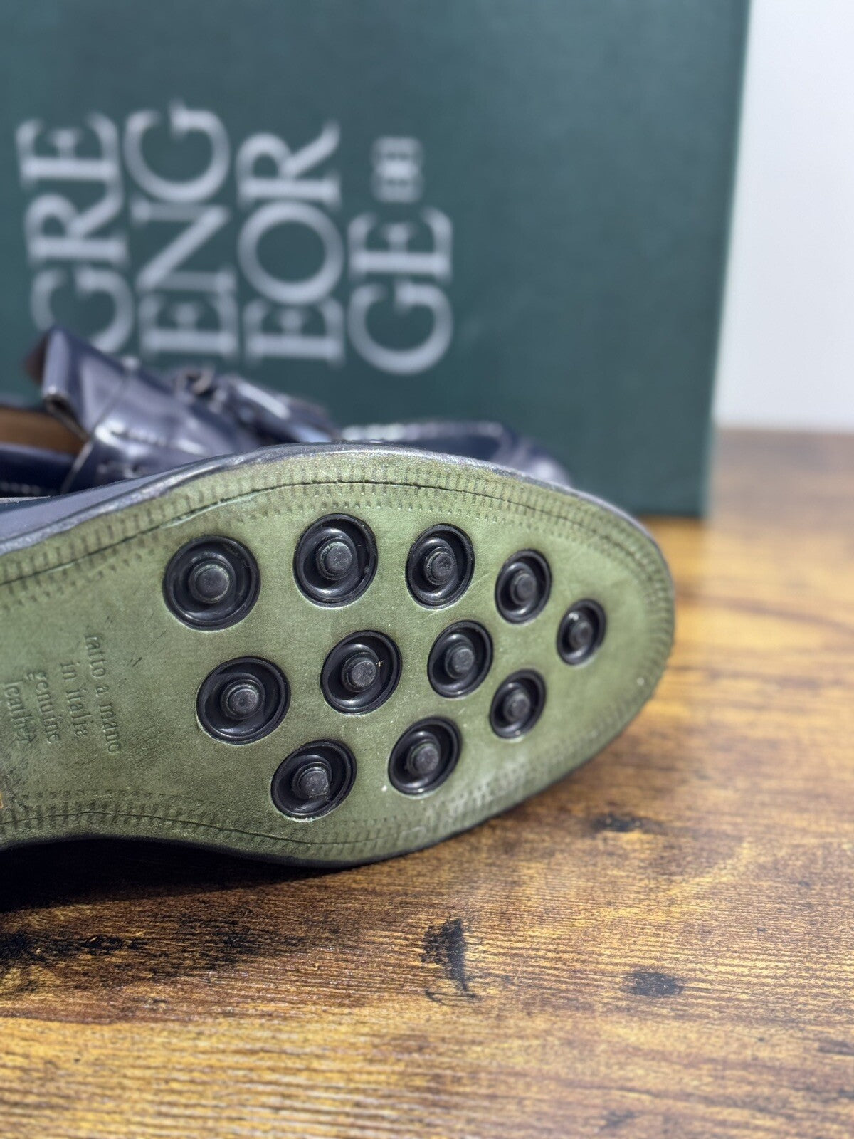 Green George Scarpa Uomo Mocassino  Nappine Pelle Blu    Luxury Handmade 42