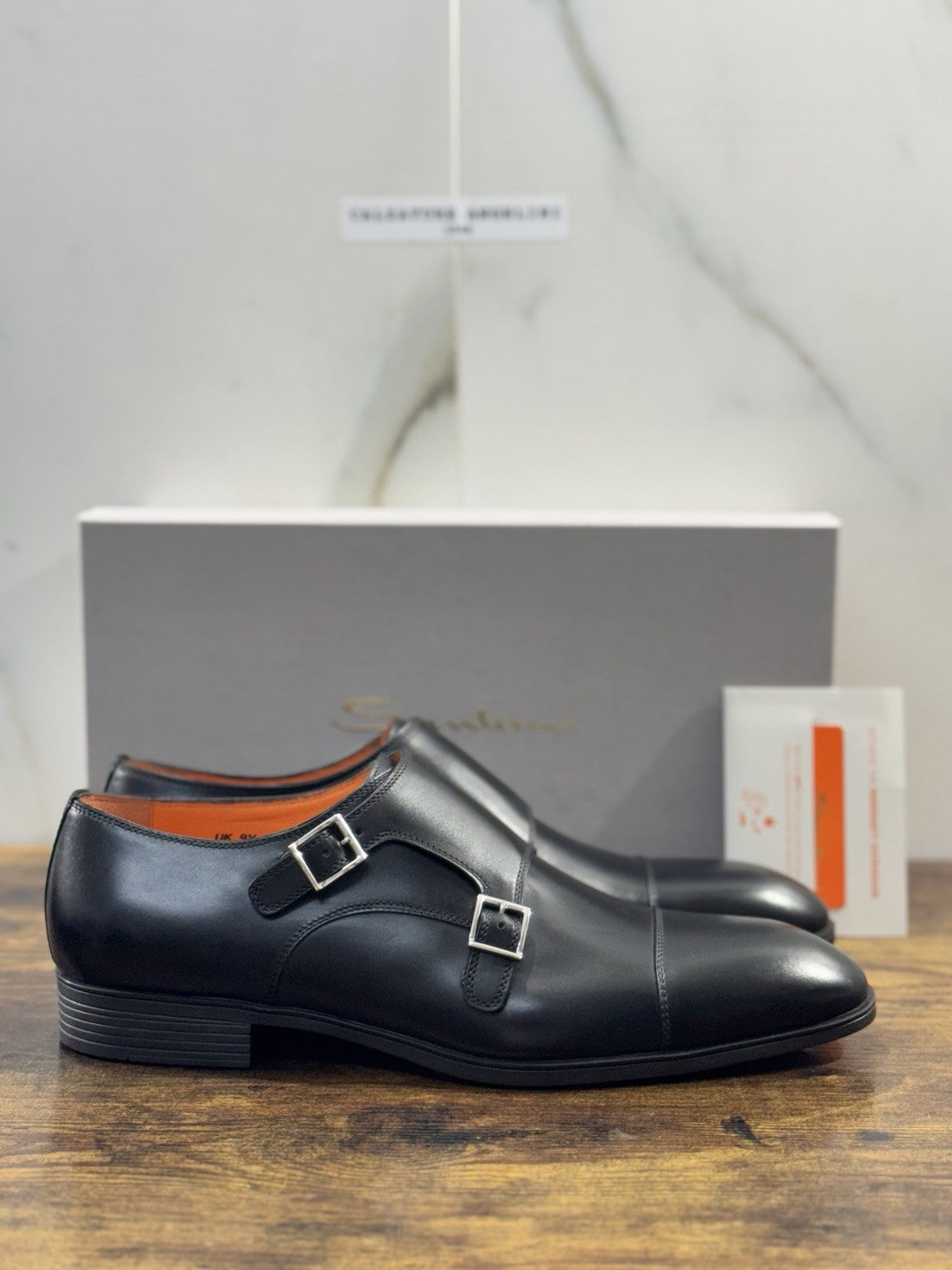 Santoni Doppia Fibbia Pelle Nero Fondo Gomma     Luxury Santoni Scarpa Uomo 43.5