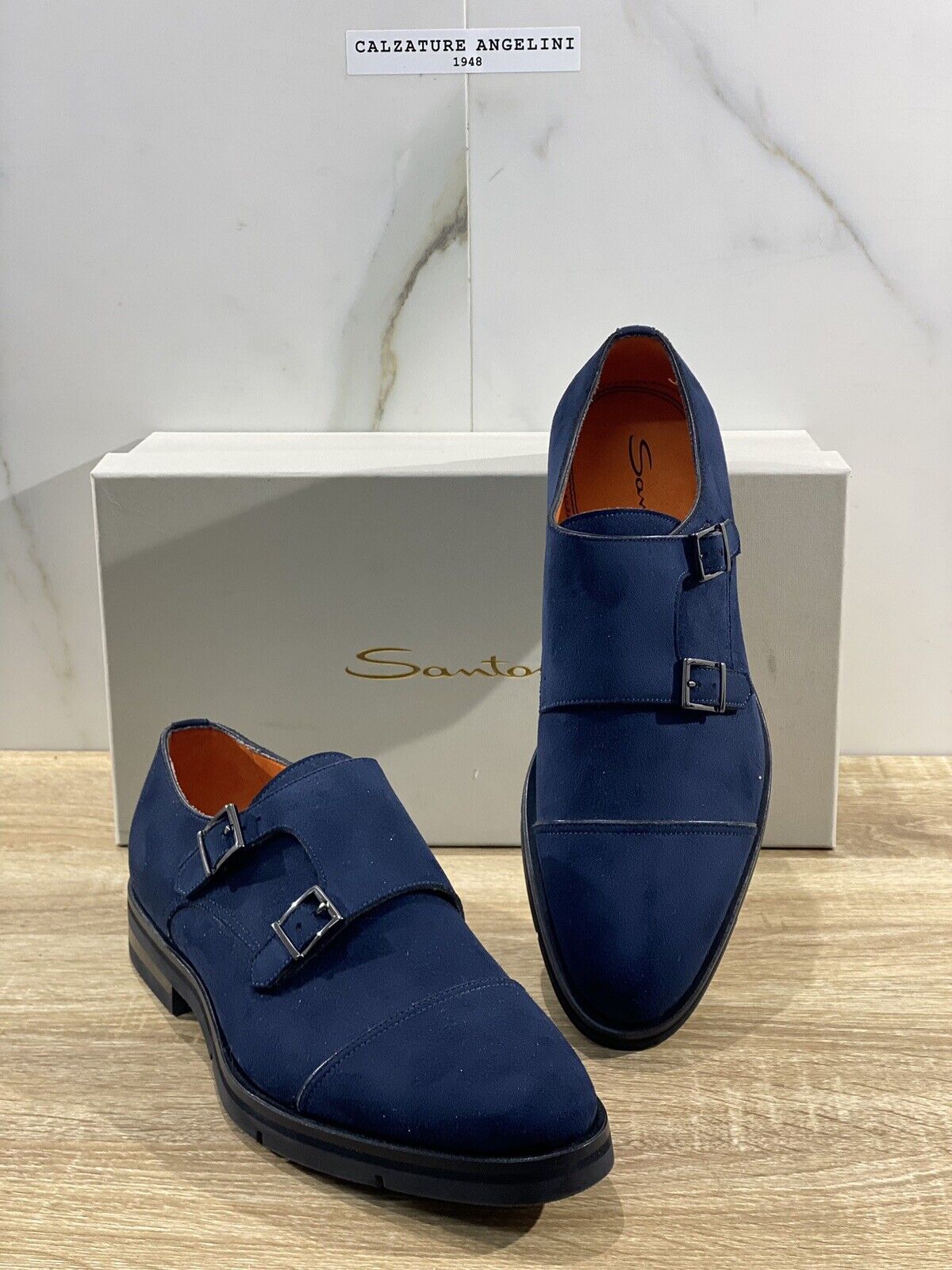 Santoni Doppia Fibbia Uomo Pelle suede Blu Luxury Double Buckle Santoni 40.5