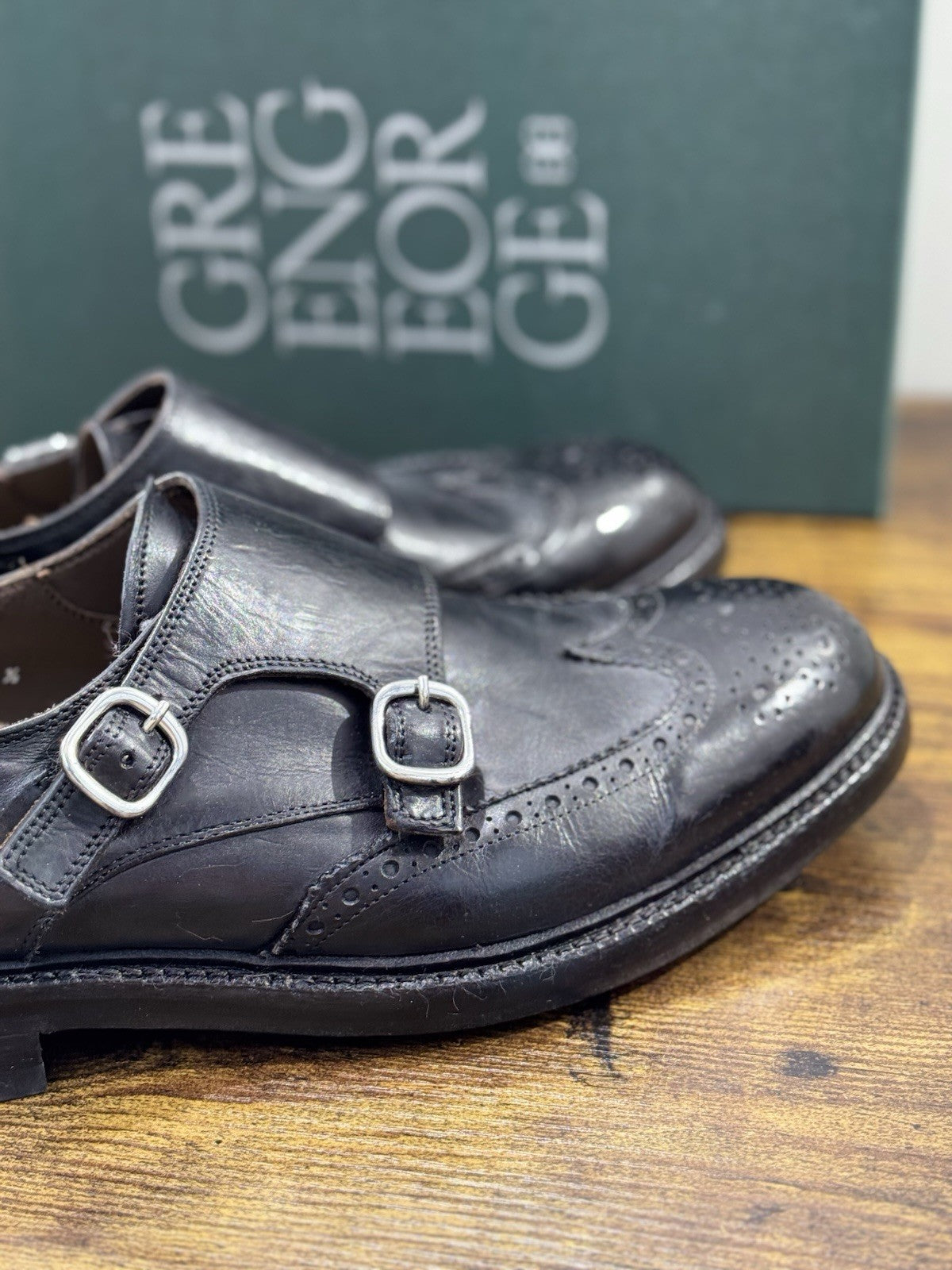 Green George Scarpa Uomo Doppia Fibbia Pelle Nero Washed Luxury Handmade 42