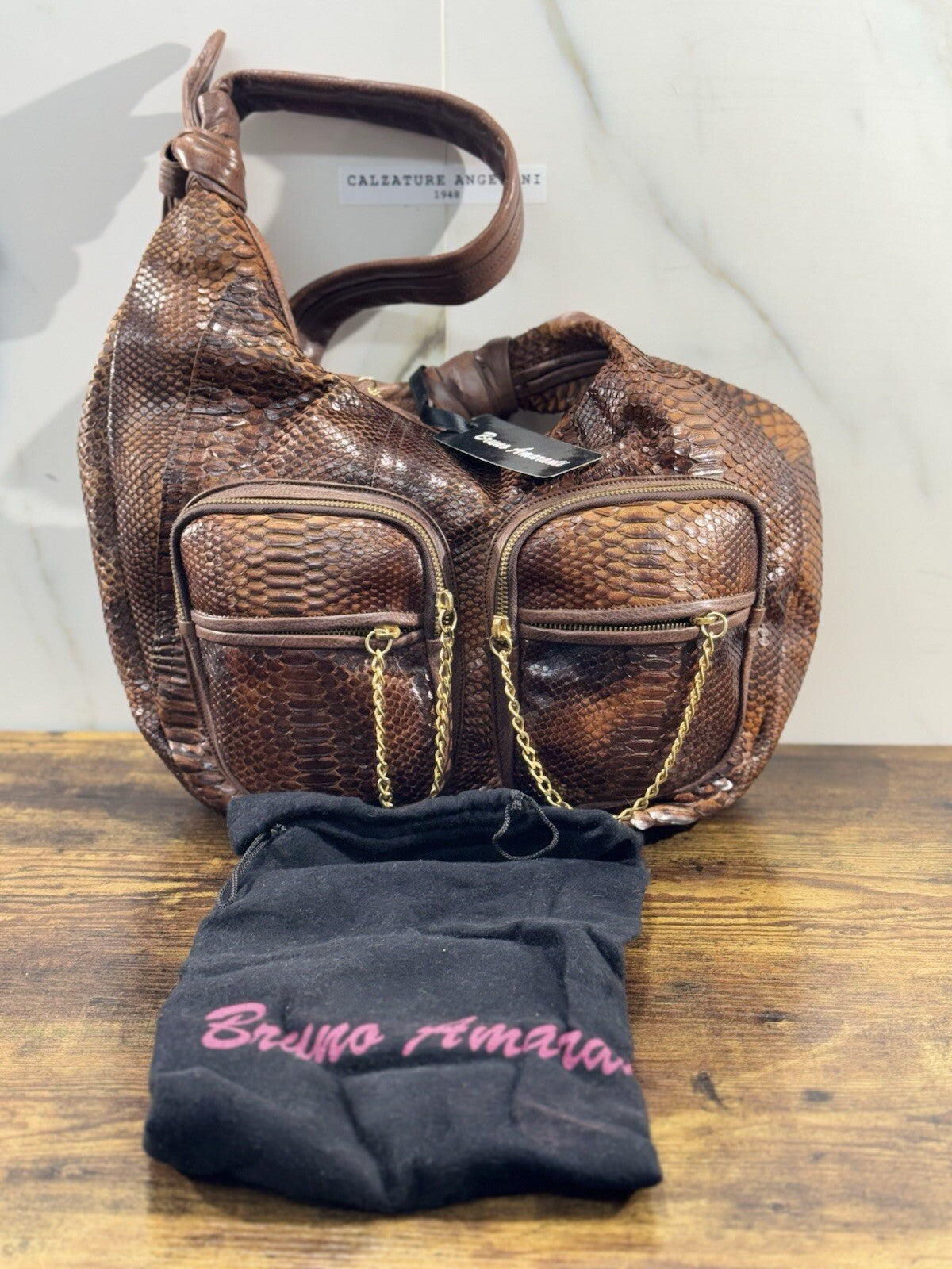 Bruno Amaranti Borsa Donna In Vero Pitone Luxury Craftmanship Bag Woman Marrone 