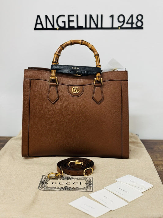 Gucci Diana Media  Tote Bag Bamboo Luxury Borsa Pelle Cuoio Gucci Icon Donna