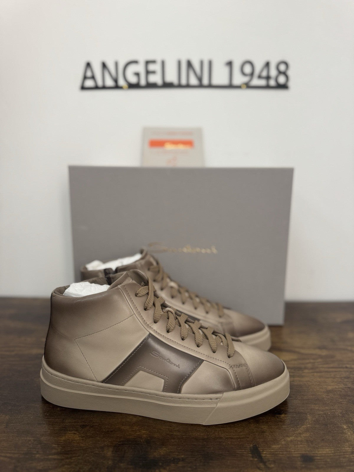 Santoni High Top Sneaker Pelle Super Soft Beige Casual Luxury Uomo 41.5